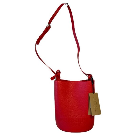 Burberry Lorne Red Pebbled Leather Bucket Crossbody Handbag Purse Bucket Bag - Picture 12 of 16
